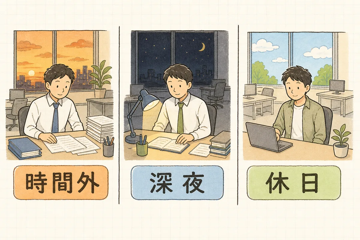 割増賃金が必要になる3つの場面（時間外・深夜・休日）を、夕方の残業・真夜中の勤務・休日出勤の3つの情景で並べて示した図