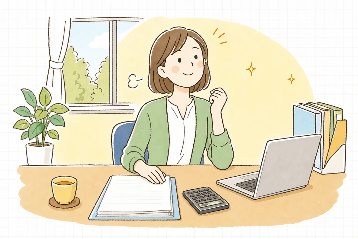 残業代の計算の根拠を確かめ終えて、集計表から顔を上げ、落ち着いた表情でひと息ついているひとり経理の担当者