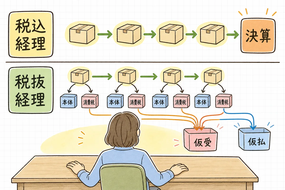 税込経理は決算でまとめて消費税を処理し、税抜経理は取引のたびに本体と消費税を仮受・仮払で分けるという、消費税を分けるタイミングの違いを並べた図