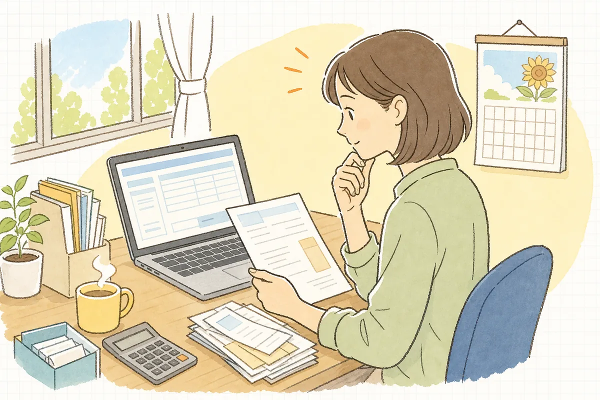 会計ソフトの入力画面を前に「うちは税込入力だったか、税抜だったか」と伝票を見比べて確かめているひとり経理の担当者