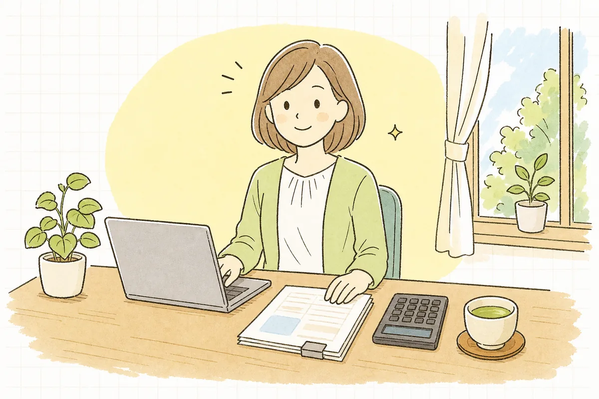 会計ソフトの経理方式を確認し終え、すっきりした表情で日々の記帳に戻るひとり経理の担当者