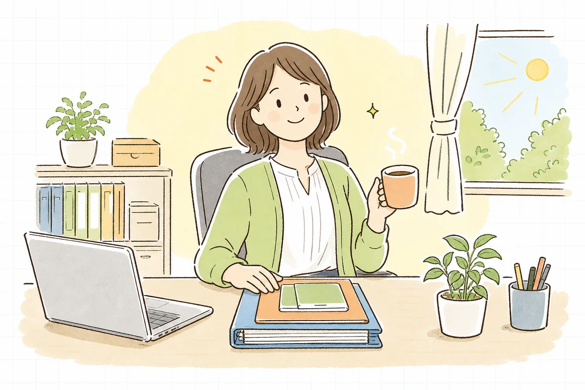 調査に備えた書類をひととおり並べ終えて、見通しが立ち穏やかな表情になっているひとり経理の担当者